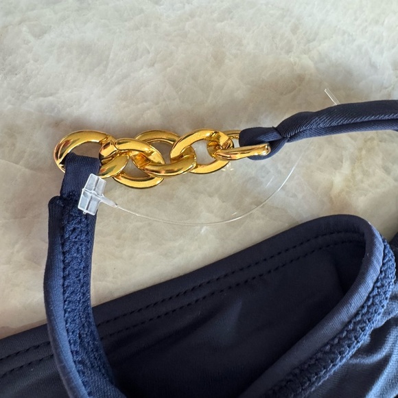 NEW PQ SWIM women's teeny gold chain strap detail bikini bottom swimsuit in blue - Picture 1 of 5